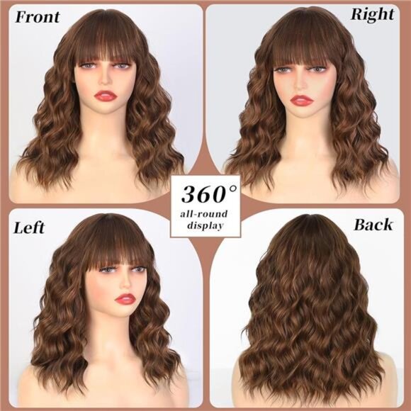 Shoulder Length Curly Bob Wigs Brown Highlight - Picture 4 of 5